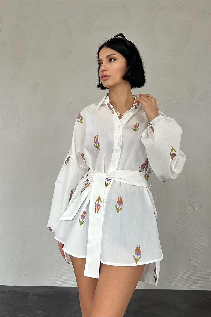 Wholesale Voile Length Embroidery Belted Shirt - Women Fashion Turkey