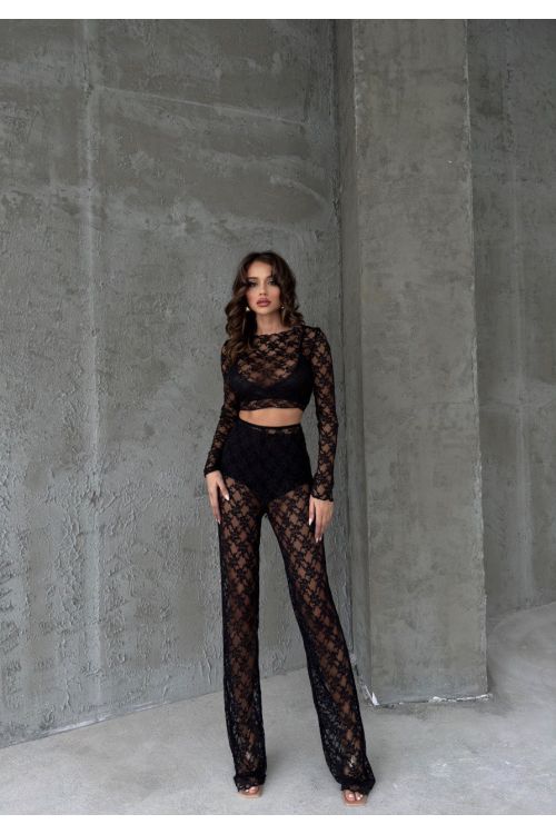 Double Suit With Lace Palazzo Trousers - Black