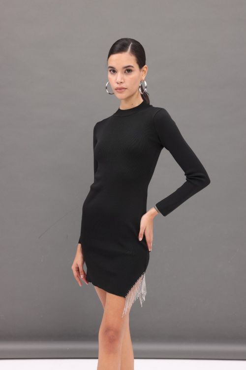 Backless Knitwear Dress With Stone Accessories - Black